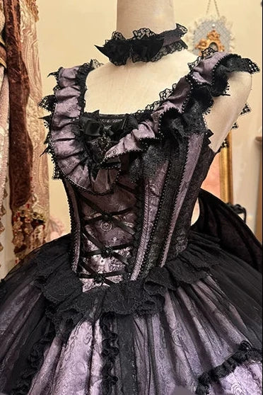 【10月30日予約締切】Purple Black Gothic Lolita Witch Print Frill Bustier Dress