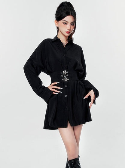 Dark satin waistband shirt dress 