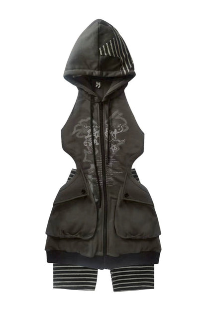 ロングパーカーカットアウトY2Kスウェットワンピース