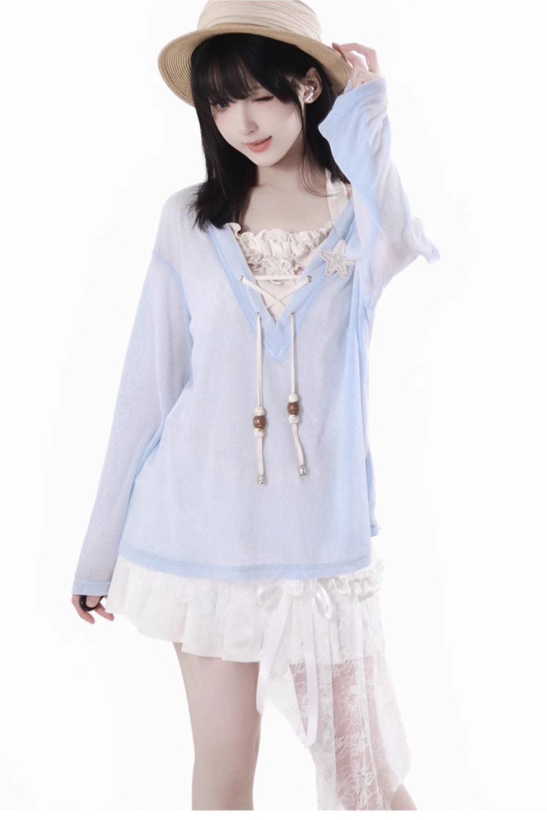 Seaside-Smok-Oberteile + Neckholder-Unterhemd + Asymmetrischer Rock