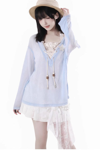 Seaside-Smok-Oberteile + Neckholder-Unterhemd + Asymmetrischer Rock