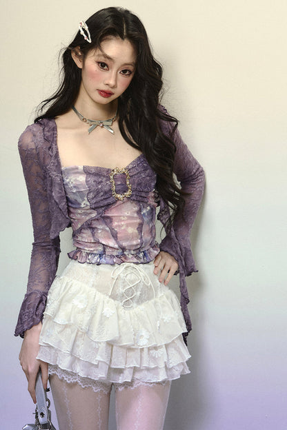 Dark purple lace cardigan + retro design tube top