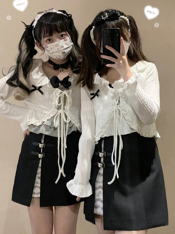 ソルティクリーム レースアップリボンツイストカーディガン