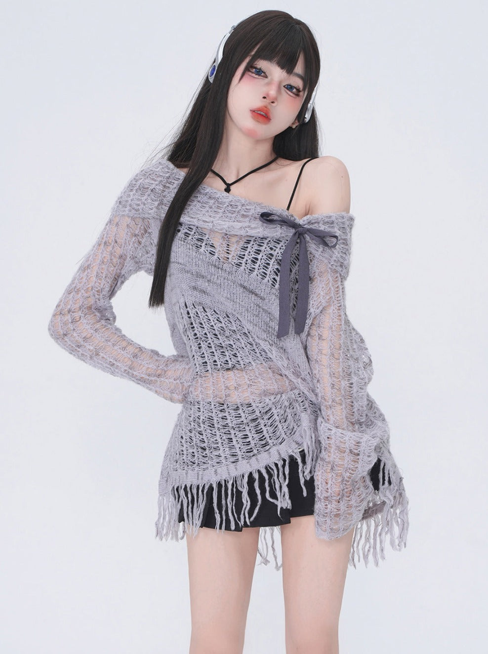 Ribbon one shoulder fringe top Belchic