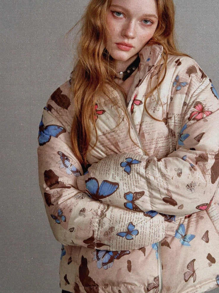 Butterfly Print Short White Duck Down Jacket