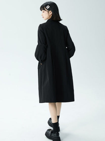 Tailored College Style Black Loose Pleated Doll Coat