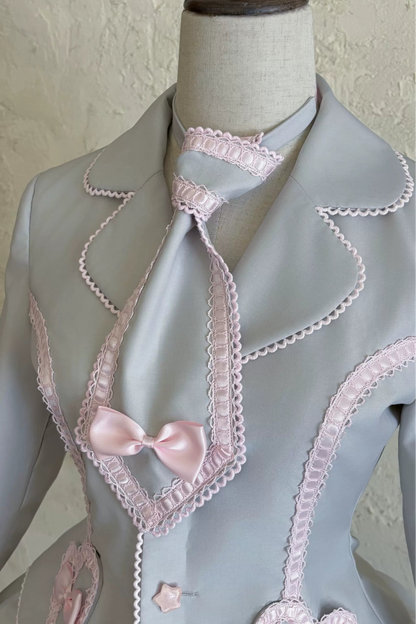 [Pre-order Deadline: June 28] Pink/Gray Vintage Lolita Heart Ribbon Tailored Jacket + Skirt + Tie