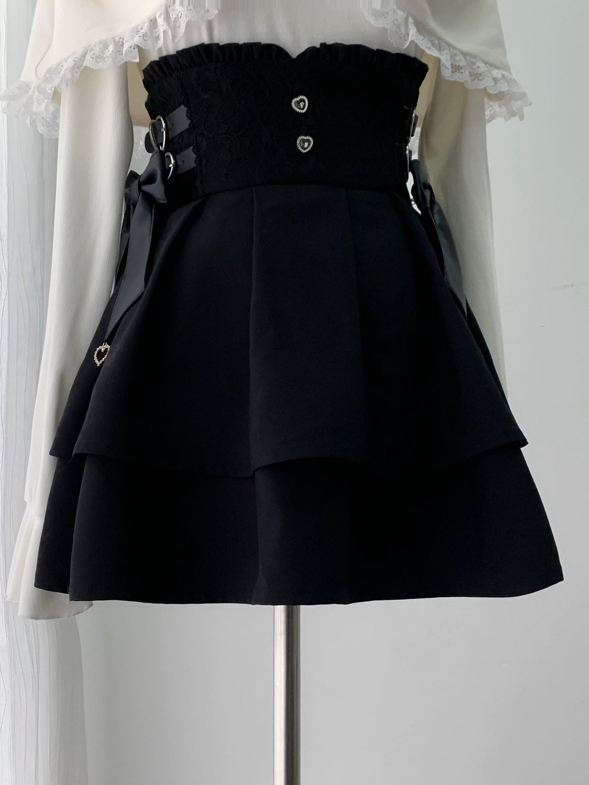 [Pre-order Deadline: October 15] Romantic White Bow Sheer Lace Off-Shoulder Knit Top + Black Bow Lace Layered Mini Skirt