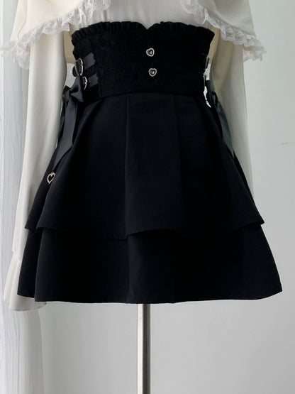 [Pre-order Deadline: October 15] Romantic White Bow Sheer Lace Off-Shoulder Knit Top + Black Bow Lace Layered Mini Skirt