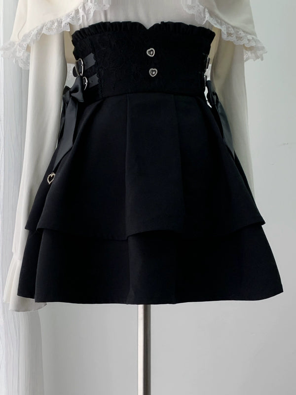 [Pre-order Deadline: October 15] Romantic White Bow Sheer Lace Off-Shoulder Knit Top + Black Bow Lace Layered Mini Skirt