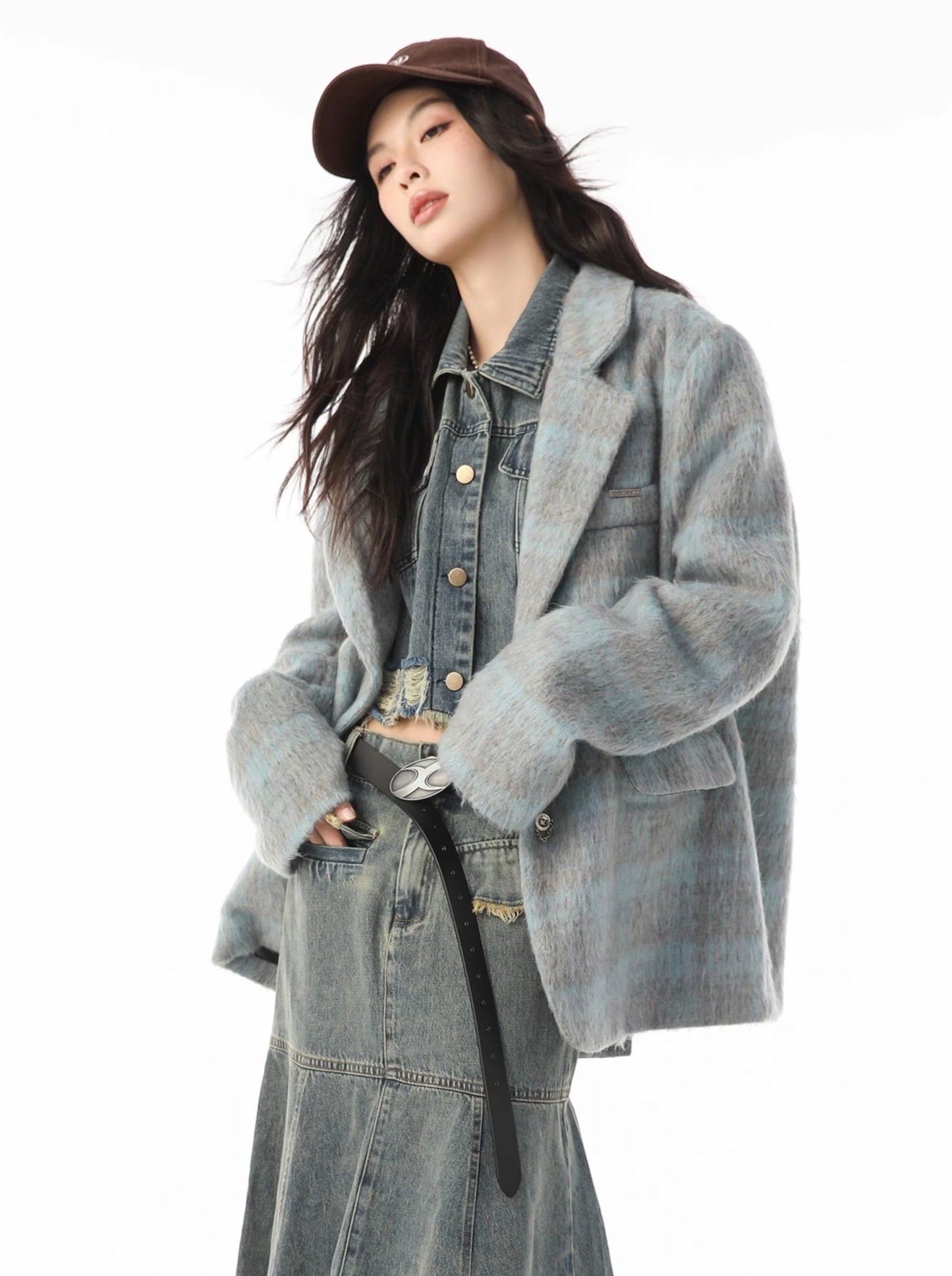 Trendy wool check retro loose jacket