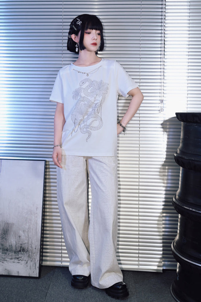 チャイナデザインチェーンホワイトプリントTシャツ