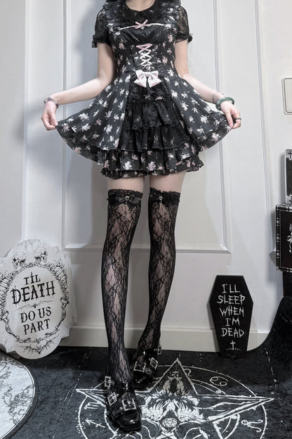 【9月2日予約締切】Black Pink Floral Layered Lace Dress＋Matching Shorts ＋ Bow Hairclips ＋ Bow Tie[Full set]