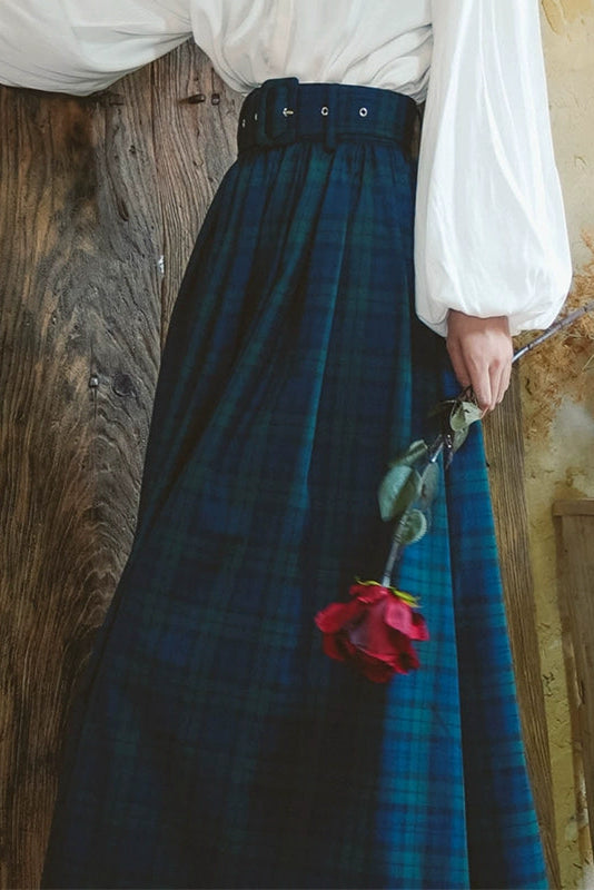 Retro Check Waist Belt Design Long Skirt