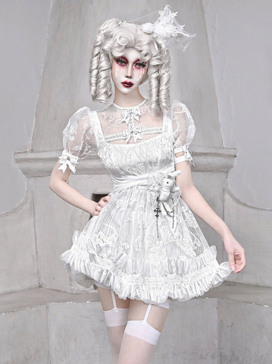 Blood Supply Original ◆ Sleeping Iris 白色哥特暗色雪纺网纱蓬蓬袖连衣裙夏装