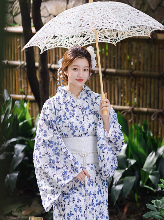 깔끔한 -청소 된 흰색 x 블루 꽃 총 레이스 유카타 세트 [kimono + 핸드백 + tabi]