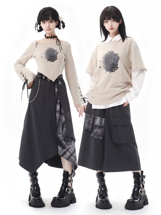 レースアップスリーブトップス+イレギュラーベージュスカート+ワイドパンツ