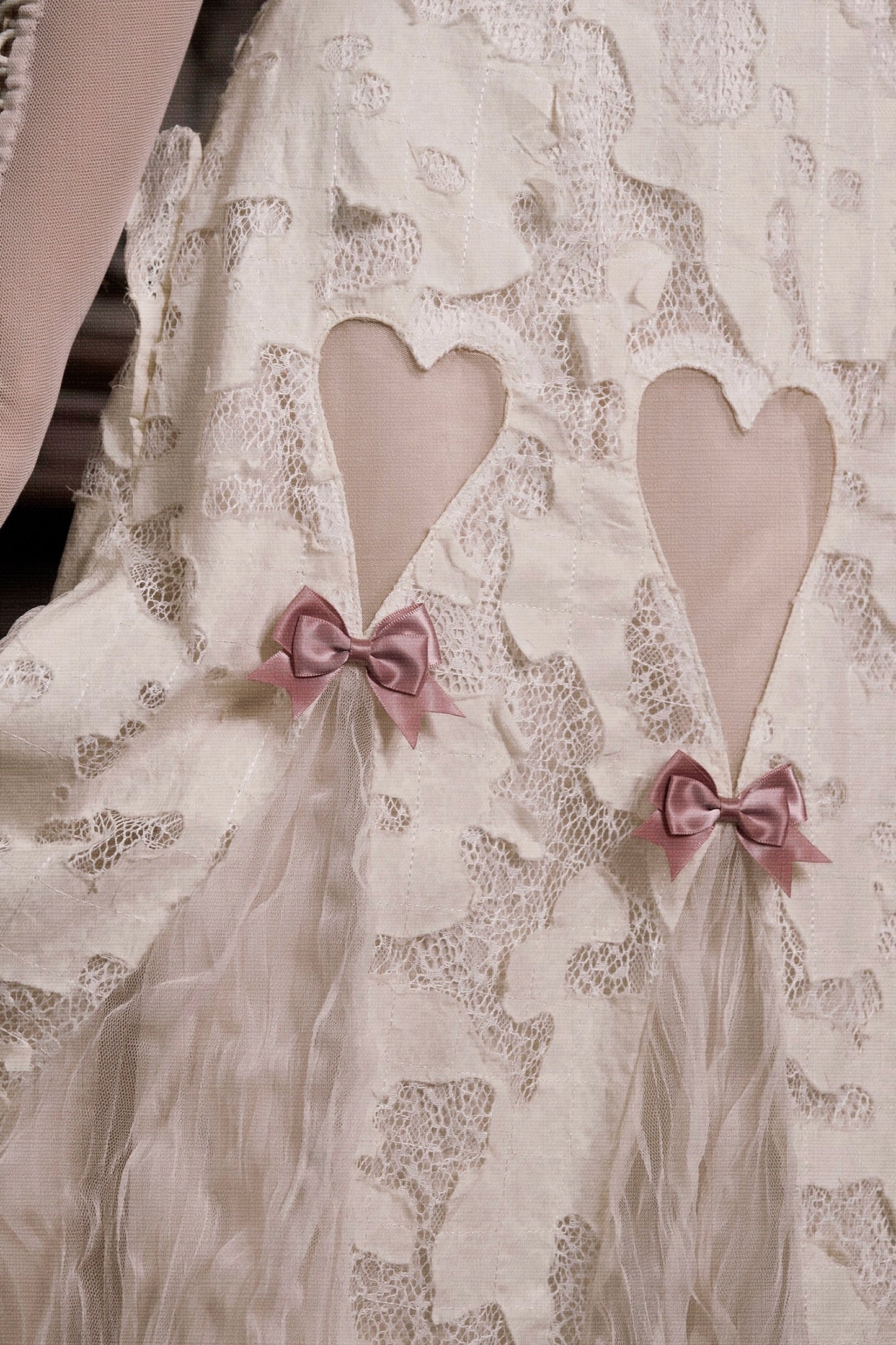 コットンラブハートリボンカットアウトレーススリップドレス