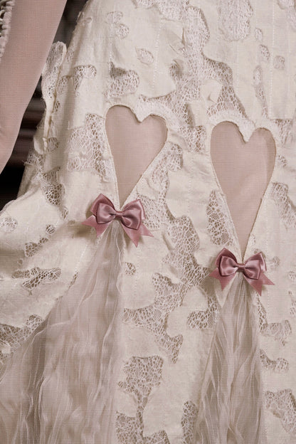 コットンラブハートリボンカットアウトレーススリップドレス