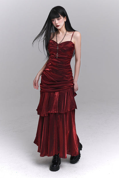 Dark red chic suspender dress