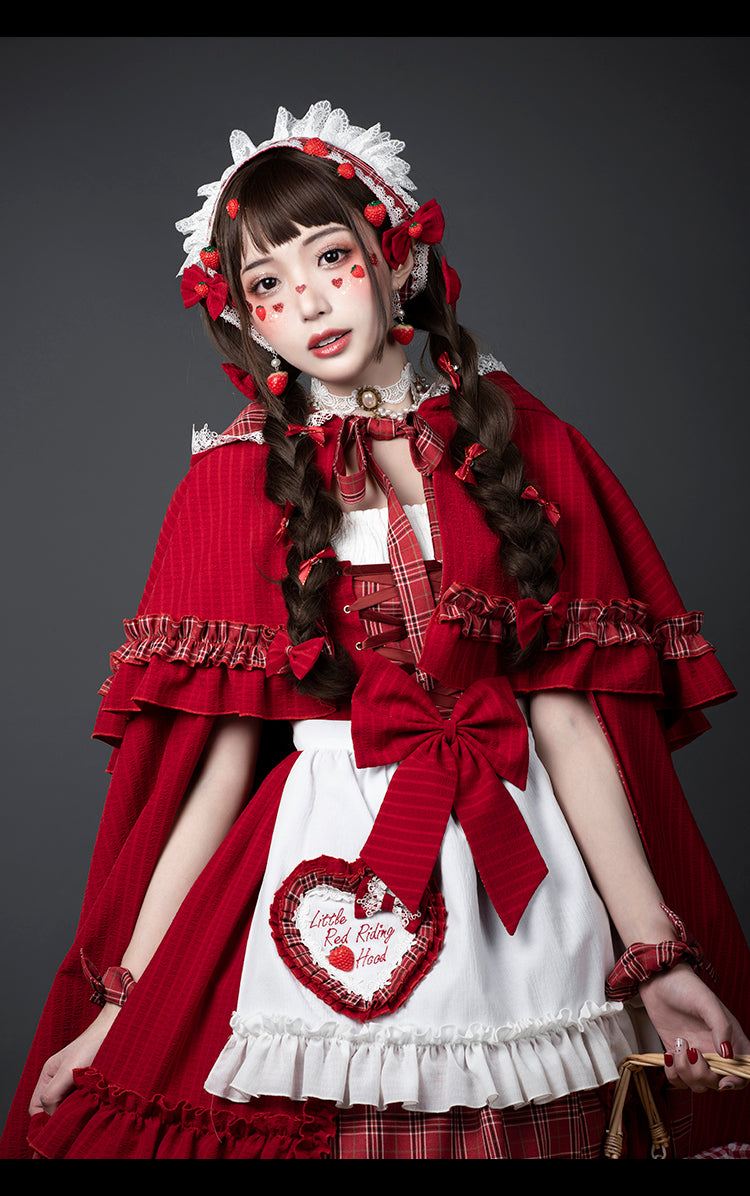 [Reservation product]Sweet Red Check Ribbon Dress [Little Red Riding Hood Outfit]