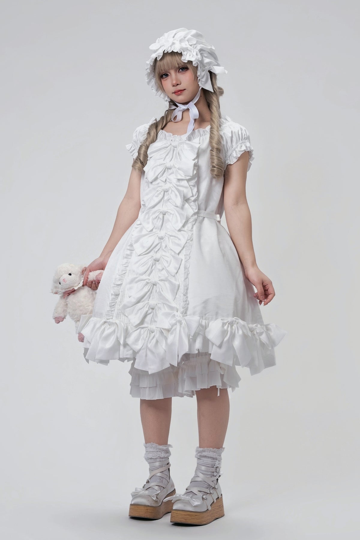 [November 15 Reservation Deadline] White Doll Style Front & Back Two-Way Ruffle Ribbon Lolita Dress (Short/Long) + Matching Shorts (Short/Long) + BB Hat