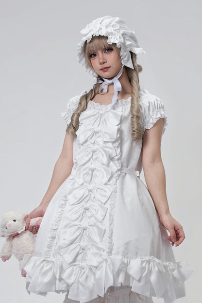 [November 15 Reservation Deadline] White Doll Style Front & Back Two-Way Ruffle Ribbon Lolita Dress (Short/Long) + Matching Shorts (Short/Long) + BB Hat
