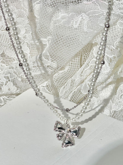 Chain ribbon pearl necklace