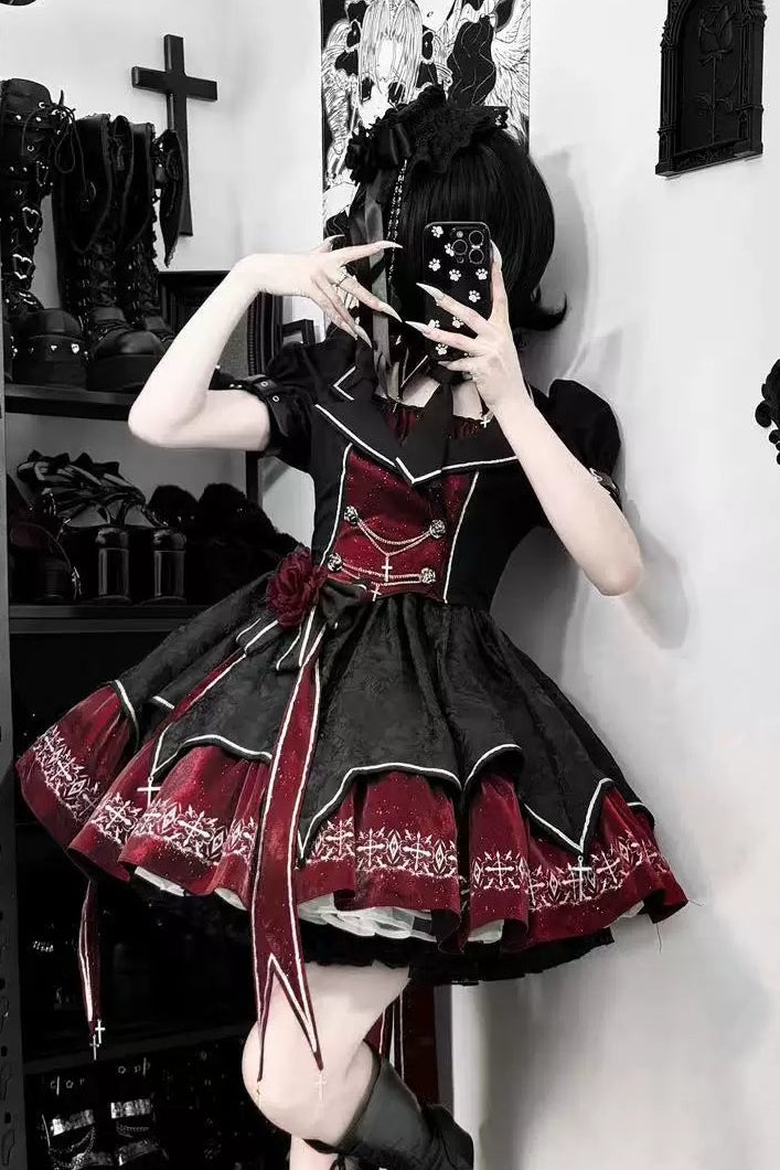 [Pre-order Deadline: April 11] Blue Red Noir Dark Gothic Lolita Jacket Dress Princess Sleeve Full Set + Matching Set