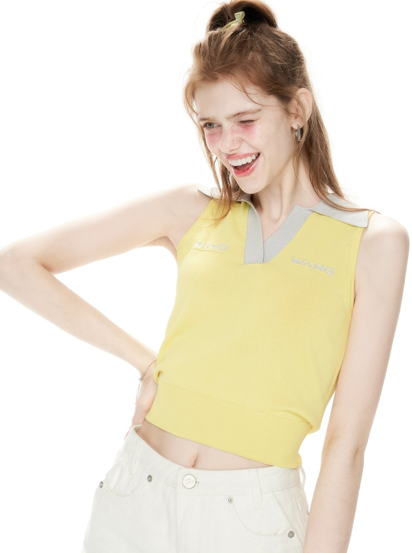 Basic Summer Logo Jacquard Polo Collar Strap Knit Top