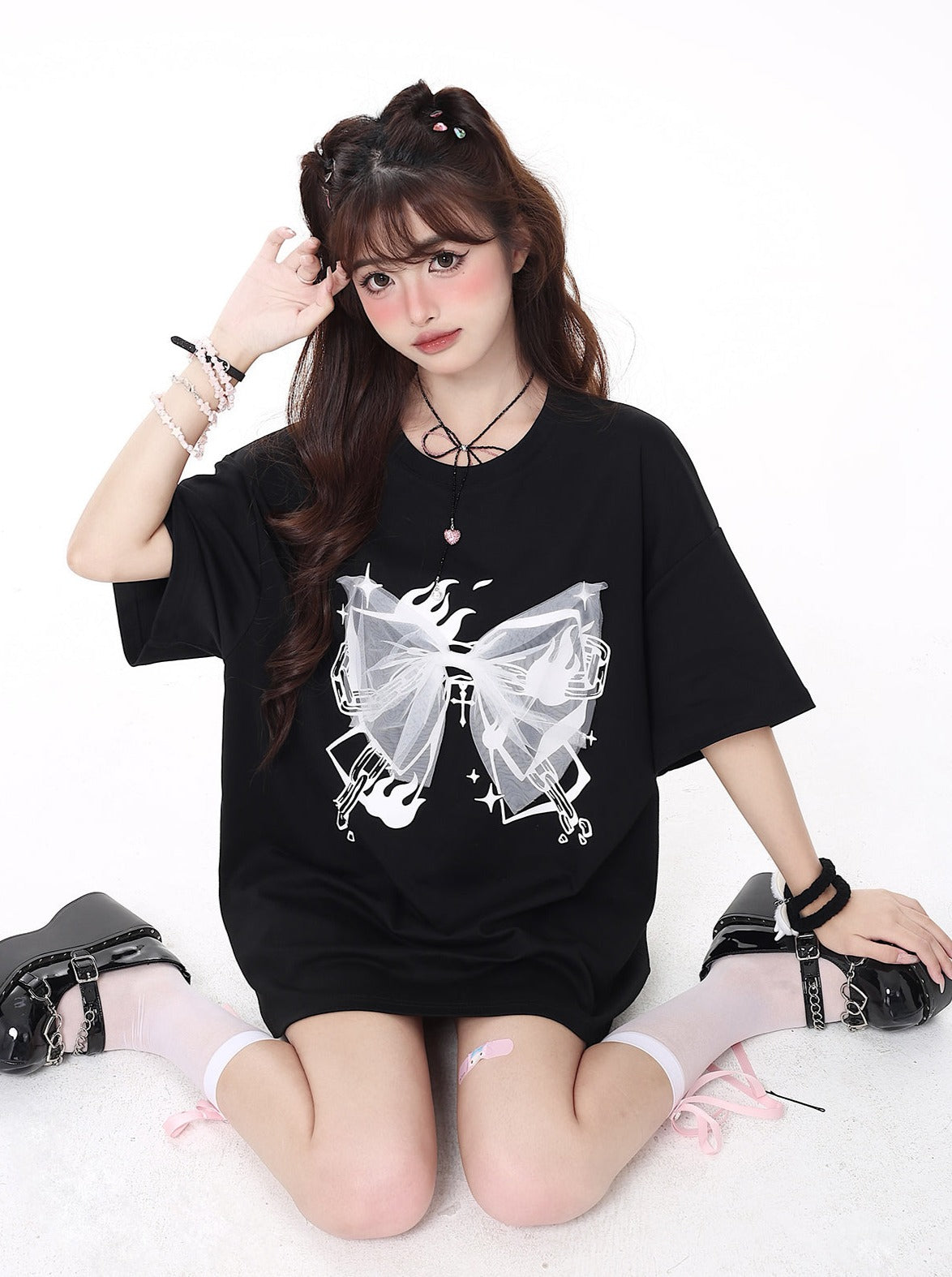 Butterfly Original Print In Sweet Girl Loose Round Neck T-shirt