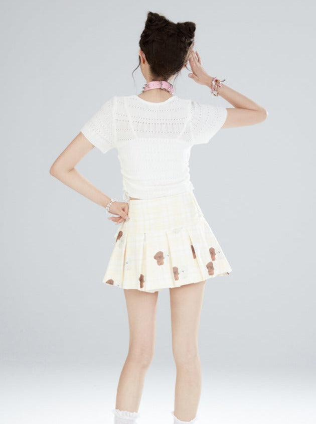 Bear Print Pleated Skirt
