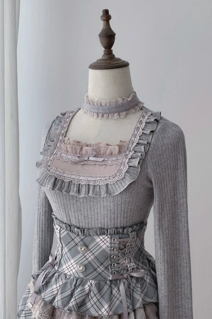 [Pre-order Deadline: October 15] Grey Pink Lace Trim Square Neck Choker Design Knit Top + Lace Trim Plaid Tiered Skirt