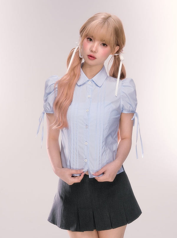 Ice blue puff sleeve short ribbon shirt