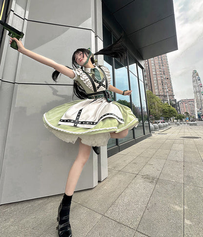 Schwarz-grünes Militär-Maid-Lolita-Kleid Komplettset