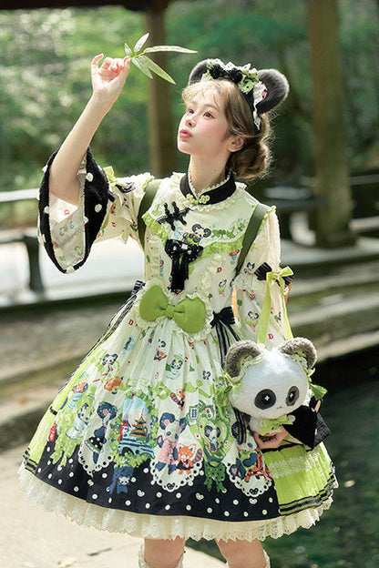 [Pre-order Deadline: October 25] Pink/Green Chinoiserie Lolita Sweet Panda Print Bow Bell Sleeve OP Dress