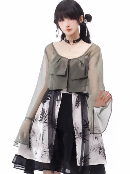 China Retro Print Sheer Cardigan Suspender Dress Set-Up