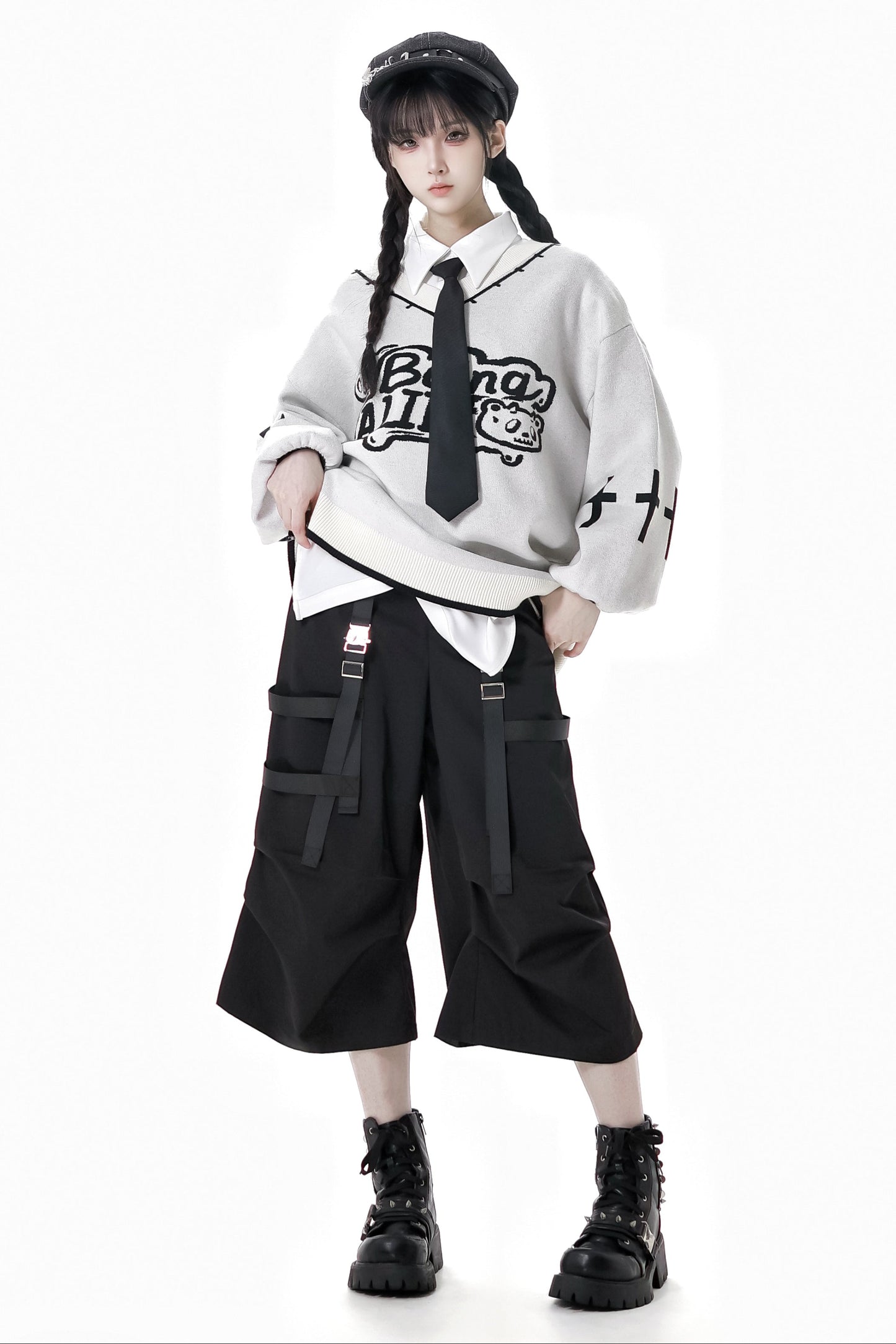 猫耳フードトップス+ルーズニットセーター+カーゴパンツ+ストラップスカート