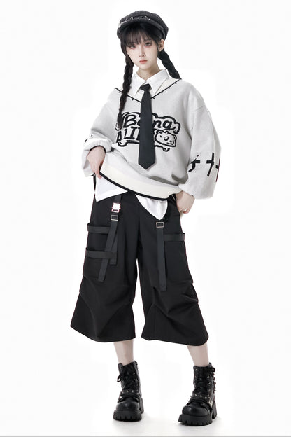 猫耳フードトップス+ルーズニットセーター+カーゴパンツ+ストラップスカート