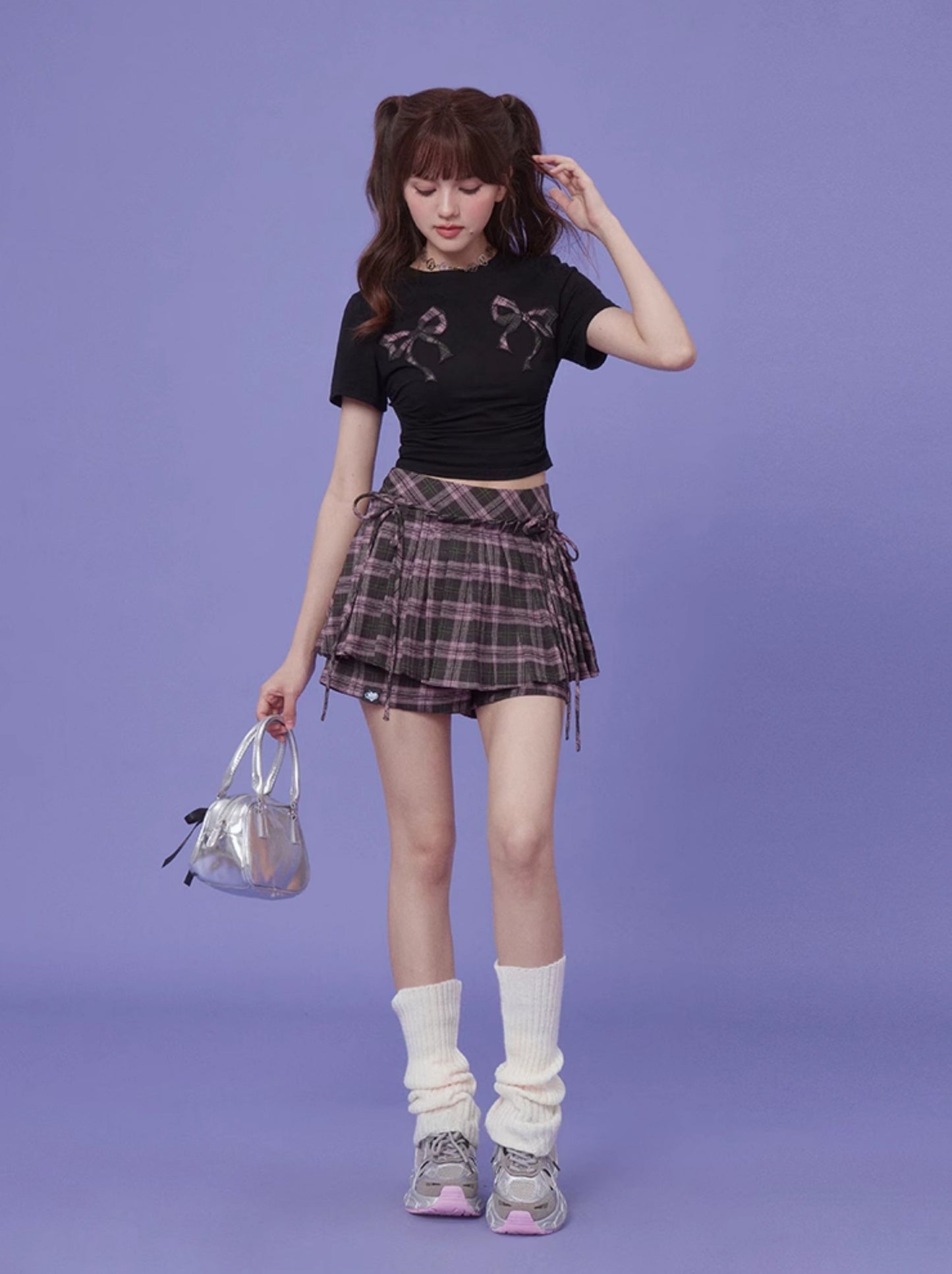 SagiDolls Girl's Fighting Spirit Sweet and Spicy Pink, Black Checkered Bow, Pleated Culotes, Leg Length, Shorts, Versatile Age-Reduction