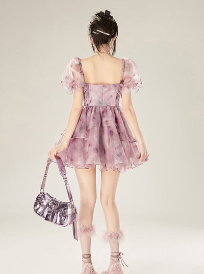 Flower Old Dream Sheer Purple Puff Sleeve Dress