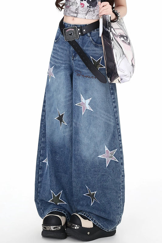 레트로 스타 와이드 루즈 데님 팬츠