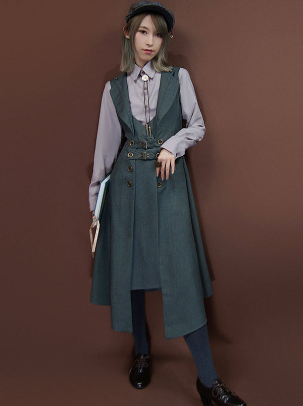 Steam Retro College Style Suit Collar Sleeveless Vest Dress [Short/Long
