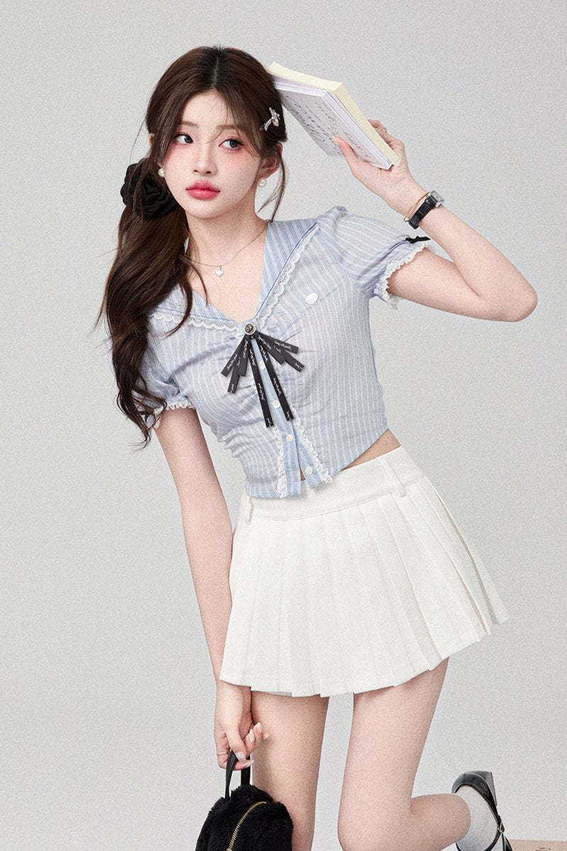 Navy color college shirt+short skirt