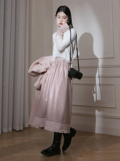 Milky Peach Sweetheart Belt Leather Long Skirt