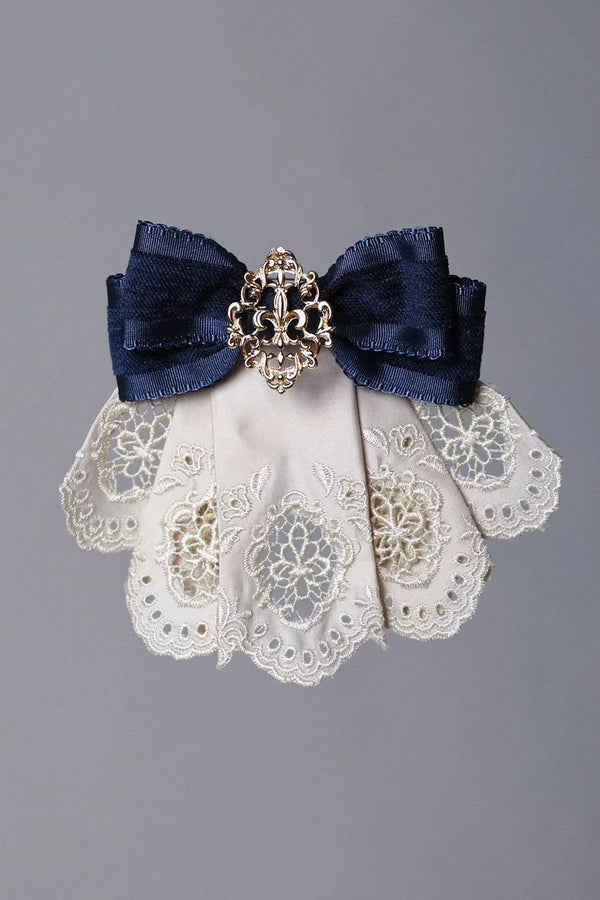 [11/6 Reservation Deadline] Navy Blue/Brown Classic Italian Travel Diary Lolita Series Accessories (Lace Ribbon Mini Hat / Pair of Striped Hair Clips / Brooch / Jabot-Style Bow Tie / Necktie with Metal Brooch / Embroidered Back Ribbon Train)
