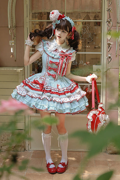 [Pre-order Deadline: September 27] Twin Tiered Lolita Dot Ribbon Striped Dress + Flower Bud Skirt Dress