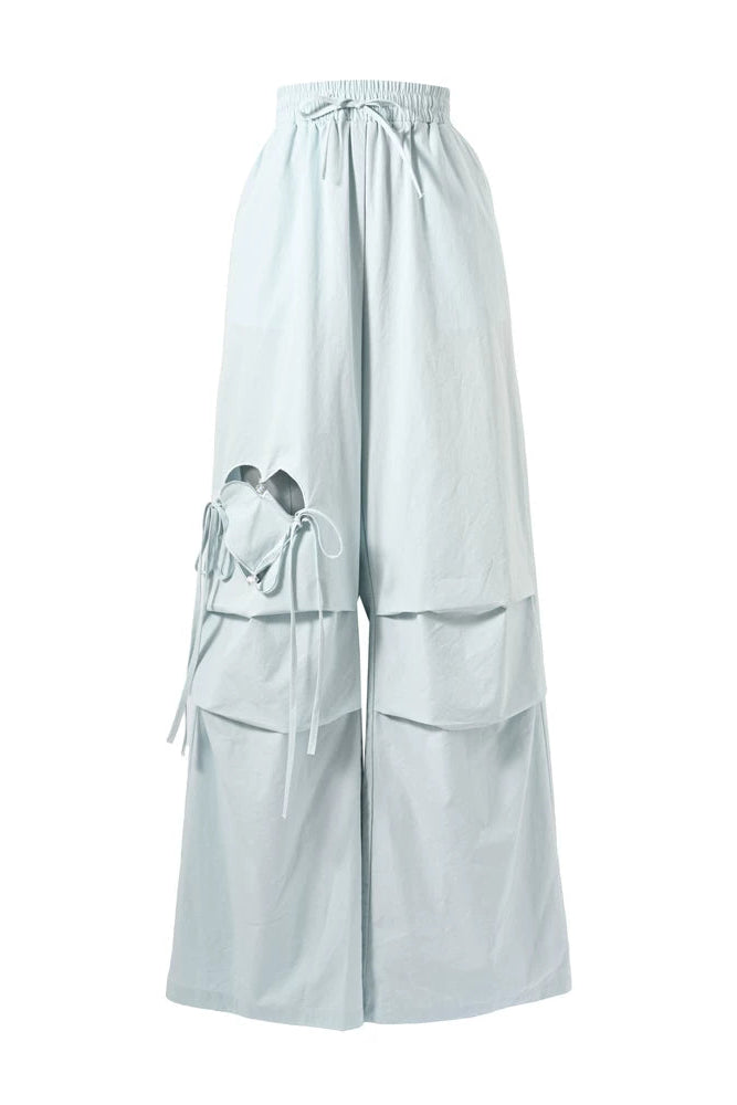 ハートワンポイントリボンハイウエストワイドレッグパンツ