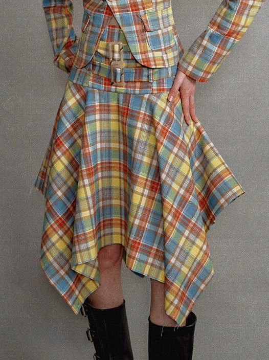 Retro Check Waist One Button Blazer Irregular Skirt Suit