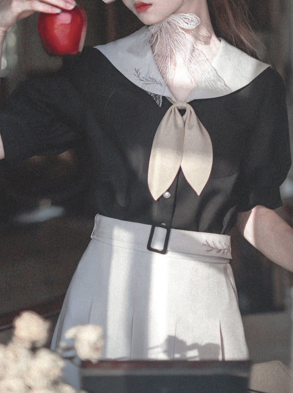 Retro French Elegant Sailor Collar Puff Sleeve Shirt + Box Pleated Skirt + Bunny Ear Tie [Reserved Item